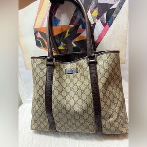 GUCCI-114288 204991 Brown Leather Trim Monogram Coated Canvas Tote